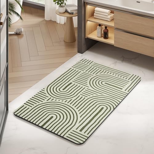 MontVoo -Bath Mat-Non Slip Thin Bathroom Rugs Fit Under Door- Quick Dry Absorbent Faux Suede Surface Grey Bathroom Floor Mats-Shower Rug for in Front of Bathtub Shower Ivory & Green Arched 16x24
