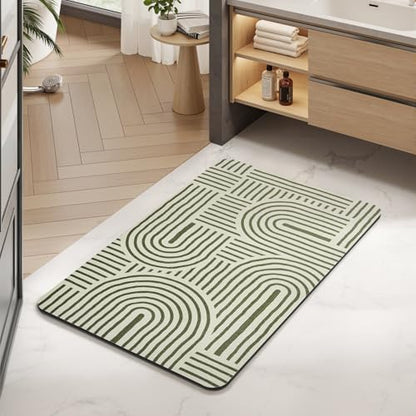 MontVoo -Bath Mat-Non Slip Thin Bathroom Rugs Fit Under Door- Quick Dry Absorbent Faux Suede Surface Grey Bathroom Floor Mats-Shower Rug for in Front of Bathtub Shower Ivory & Green Arched 16x24