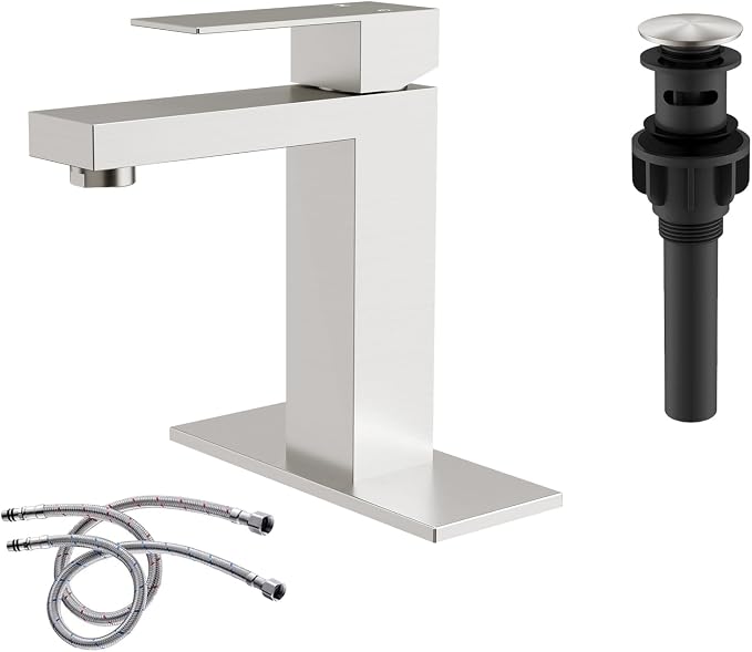 Brushed Nickel Bathroom Faucet Single Hole with Pop-Up Bathroom Drain and Flexible Hoses Single Handle Bathroom Sink Faucet w/Deck Plate(1 or 3 Hole) for Vanity Sinks, RV, Farmhouse