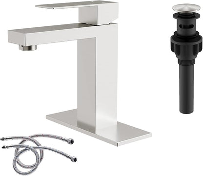 Brushed Nickel Bathroom Faucet Single Hole with Pop-Up Bathroom Drain and Flexible Hoses Single Handle Bathroom Sink Faucet w/Deck Plate(1 or 3 Hole) for Vanity Sinks, RV, Farmhouse