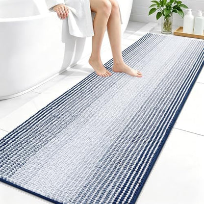 OLANLY Bathroom Runner Rugs 70x24, Soft Chenille Striped Bath Rugs, Navy