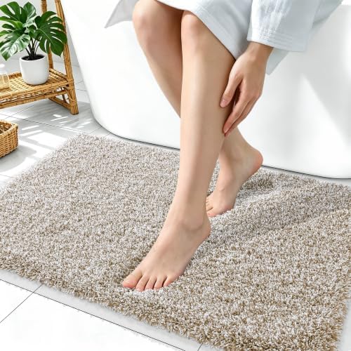 OLANLY Microfiber Bathroom Rugs 36x24, Quick Dry Bath Mat, Beige and White