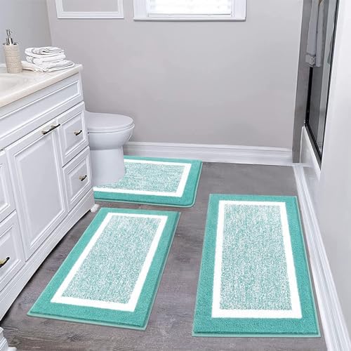 Pauwer 3 Piece Bathroom Rug Set, Non Slip Washable Bath Mat, Teal