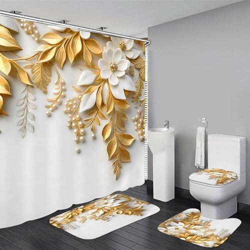 Chrainy 4pcs Golden Leaves Shower Cutain Bathroom Decor Sets with Rugs