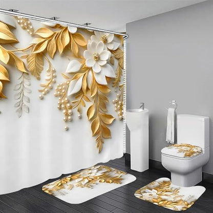 Chrainy 4pcs Golden Leaves Shower Cutain Bathroom Decor Sets with Rugs