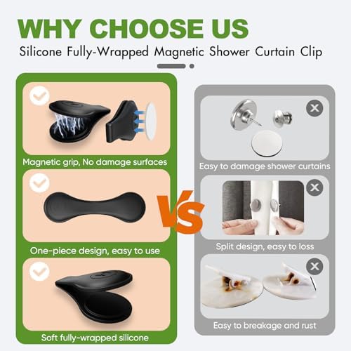 4-Pack Magnetic Silicone Shower Curtain Clips, Keep Liner Closed, Black
