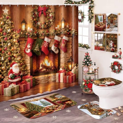 FuWeave 8Pcs Vintage Christmas Shower Curtain Set, Rustic Fireplace Cabin Bathroom Decor with Santa Reindeer & Xmas Stocking, Non Slip Pine Tree Bath Mat, Toilet Lid Cover, Hand Towels and 12 Hooks