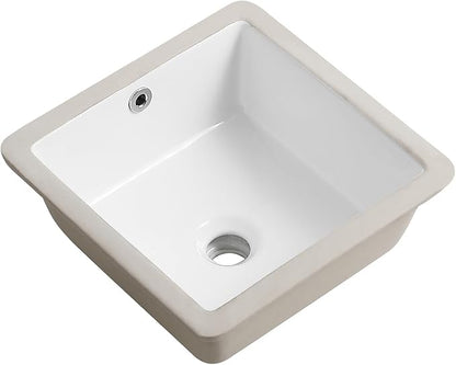 14 Inch Small Undermount Bathroom Sink White Square,Overflow Type | Ceramic Under Counter Bathroom Sink for Cabinet Porcelain Vanity Sinks(13.8"x13.8")