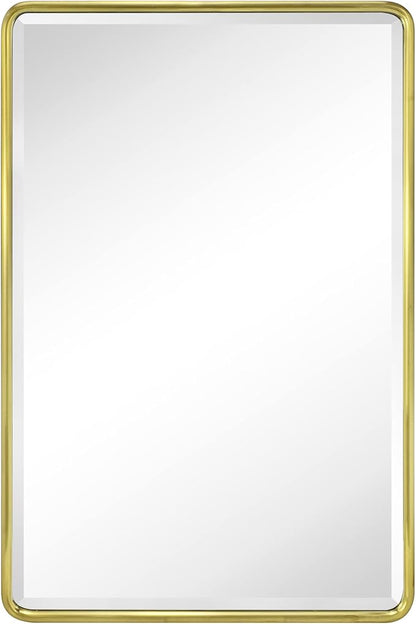 TEHOME Farmhouse Brushed Gold Metal Framed Recessed Bathroom Medicine Cabinet with Mirror Rounded Rectangle Medicine Cabinet with Beveled Mirror 16x24''