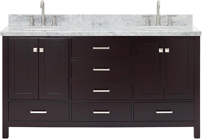 ARIEL Cambridge 66-inch Bathroom Vanity with Sink,Solid Wood, 1.5-inch Italian Carrara Marble Countertop & Backsplash, Double Oval Porcelain Sink, 4 Soft Closing Doors, 6 Dovetail Drawers, Espresso