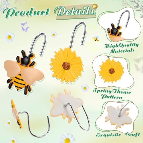 Thyle 12 Pcs Spring Daisy Flower Bee Shower Curtain Hooks, Spring Flower Resin Ornament Rings Cute Yellow Shower Curtain Hooks Decorative Rings for Home Holiday Wedding Bathroom Bedroom Accessories