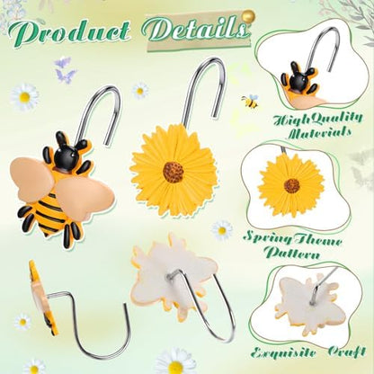 Thyle 12 Pcs Spring Daisy Flower Bee Shower Curtain Hooks, Spring Flower Resin Ornament Rings Cute Yellow Shower Curtain Hooks Decorative Rings for Home Holiday Wedding Bathroom Bedroom Accessories