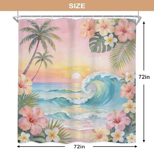 Ocean Coastal Pink Floral Palm Leaves Flower Bathroom Shower Curtain Set