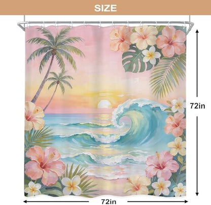Ocean Coastal Pink Floral Palm Leaves Flower Bathroom Shower Curtain Set
