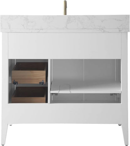 Vanity Art 36 inch Bathroom Vanity with Single Sink & Ceramic Top, Vanity Cabinet with Soft-Closing Door, Solid Wood Frame, Linear Pattern, White, Golden Brushed Handware VA9136-W-GB