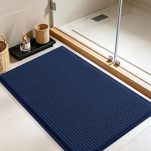 Memory Foam Bath Mat, Ultra Soft Absorbent Waffle Bathroom Rugs, Super Non-Slip PVC Backing Bath Rug Quick Dry, Machine Washable Rug for Tub, Shower, Home Decor Accessory, 24" x 17", Navy Blue