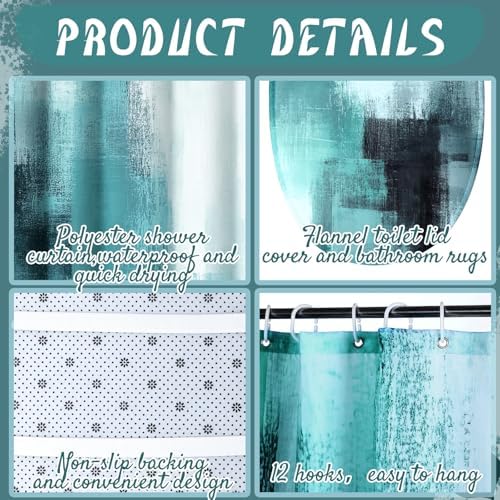 Honoson 8 Pcs Teal Bathroom Shower Curtain Set with Non-Slip Rugs, Towels and Bath Mat, Modern Abstract Turquoise Bathroom Decor Set for Farmhouse Country Summer Housewarming Gifts Decor