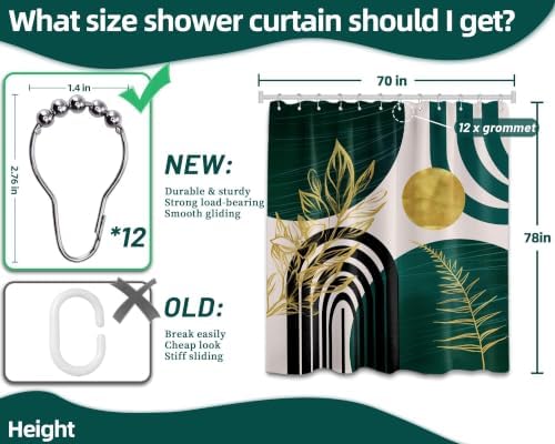 Emerald Green and Gold Extra Long Shower Curtain, Tall 72X78 in