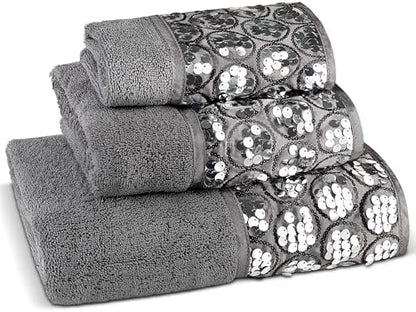 Zahari Home Sinatra Modern Bathroom Towel Set 3 Piece Towel Bath Towel, Hand Towel and Wash Towel Luxury Contemporary Decor Bling Silver Bath Towel Sets Soft, Plush and Highly Absorbent
