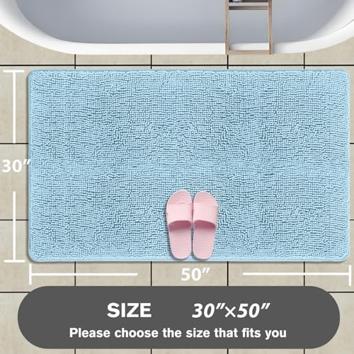 Bathroom Rugs 30 x 50 Inch – Extra Large Bath Mat | Absorbent and Washable Thick Chenille Bath Rugs Non-Slip Runner Rug for Bathroom, Shower, Tub(Light Blue)