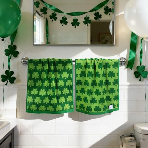 Whaline St. Patrick's Day Hand Towels Shamrock Jacquard Cotton Bathroom Towel Green Lucky Clover Absorbent Bath Towel for Kitchen Dish Drying Cleaning Cooking, 29.5 x 13.4 Inch, 2Pcs