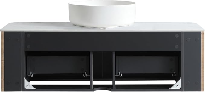 48" Floating Bathroom Vanity with Sink, Rounded Edges, Honey Oak | Pre-Assembled Fluted Wall Mounted Vanity with White Ceramic Vessel Sink and Countertop, Soft-Close Drawer & Towel Rack