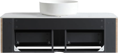48" Floating Bathroom Vanity with Sink, Rounded Edges, Honey Oak | Pre-Assembled Fluted Wall Mounted Vanity with White Ceramic Vessel Sink and Countertop, Soft-Close Drawer & Towel Rack