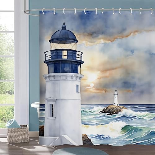 Coastal Lighthouse Shower Curtain, Ocean Nautical Sunrise Beach Seascape Bath Curtain, Sailboat Waterproof Bathroom Bathtub Decor Accessories with Hooks 72X72 in