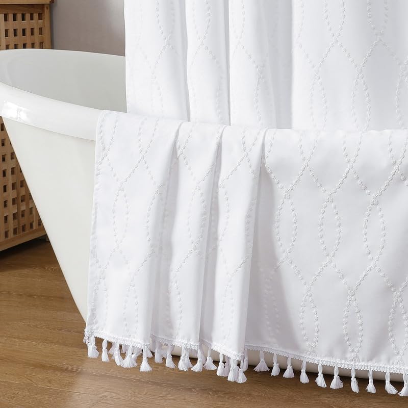 OVZME Extra Long White Shower Curtain 96 Inch Long, Puff Printed Textured Shower Curtain with Tassels, Tall Farmhouse Geometry Bathroom Curtain, Water Resistant Fabric, 72Wx96L Inches