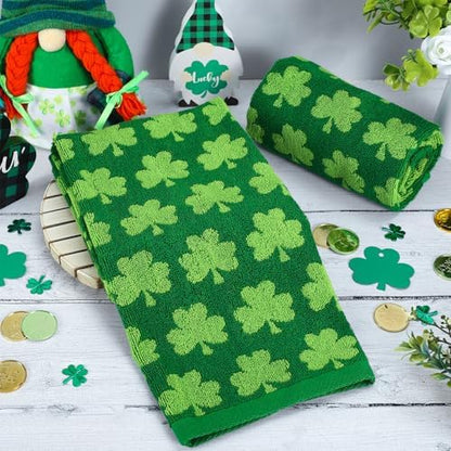 Whaline St. Patrick's Day Hand Towels Shamrock Jacquard Cotton Bathroom Towel Green Lucky Clover Absorbent Bath Towel for Kitchen Dish Drying Cleaning Cooking, 29.5 x 13.4 Inch, 2Pcs