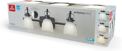 GLOBE Electric 52090 Gilroy 3-Light 25W Integrated LED Vanity Light with Selectable Color Temperature, Matte Black, Frosted Glass Shades, 1780 Lumens, 3000K-4000K-5000K Switch, Energy Star Certified