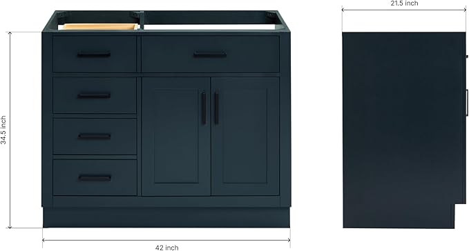 ARIEL Hepburn 42-inch Bathroom Vanity Base Cabinet,Solid Wood, 2 Soft Closing Doors, 5 Dovetail Drawers, Midnight Blue