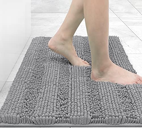 Grandaily Chenille Striped Bathroom Rugs 30x20, Extra Thick and Absorbent Bath Mats, Non-Slip Soft Plush Shaggy Shower Carpet, Machine Wash Dry, Bath Rug for Bathroom, (Medium, Dark Gray)