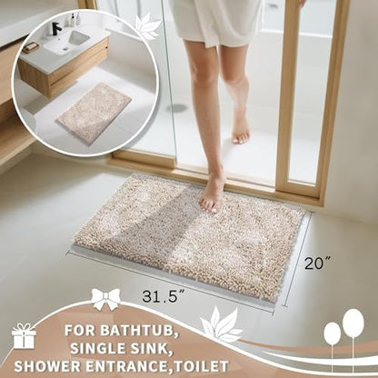 Yimobra Chenille Bathroom Rugs Non Slip, Extra Thick Soft Absorbent Bath Rug 31.5x20 Inch, Machine Washable Quick Dry Bath Mat for Bathroom Floor, Tub and Shower, Home Decor Accessories, Khaki