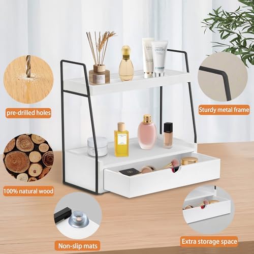2-Tier Bathroom Countertop Organizer with Drawer, Wood Vanity Shelf White