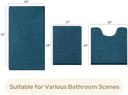 HOMEIDEAS Atlantic Blue Chenille Bath Rugs Set of 3, Non Slip Bath Mat