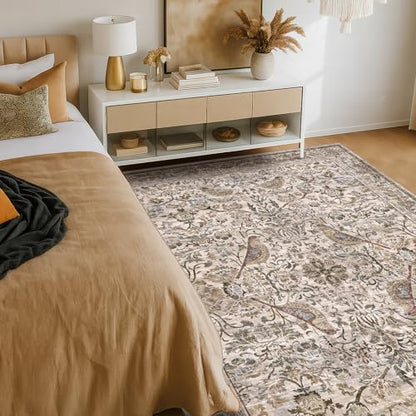 Moss 5x7 Living Room Area Rug, Vintage Washable Rug for Bedroom, Kitchen Table, Home Office, Oriental Brown Botanical Design, Low Pile Soft Carpet with Bird Pattern