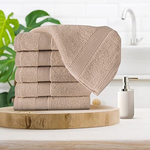 Belizzi Home Ultra Soft 6-Piece Hand Towel Set 16x28-100% Ringspun Cotton - Durable & Highly Absorbent Hand Towels - Ideal for use in Bathroom, Kitchen, Gym, Spa & General Cleaning - Tan