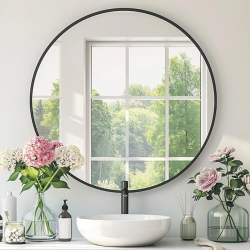 Round Black Mirror 18 Inch, Matte Black Frame, Small Circle Mirror | Metal Frame, Circular Wall Mounted Mirrors for Bathroom,Kids Room,Nursery, Bedroom, Vanity,Entryway, Wall Decor,Rust Proof