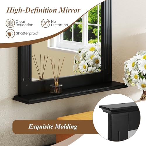 CHARMAID Bathroom Mirror with Shelf - 27" x 22.5" Wall Mirror Over Bathroom Sink, Wooden Frame Modern Rectangular Hanging Vanity Makeup Mirrors for Washroom, Entryway (Black,27" L x 22.5" W)