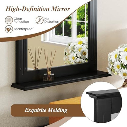 CHARMAID Bathroom Mirror with Shelf - 27" x 22.5" Wall Mirror Over Bathroom Sink, Wooden Frame Modern Rectangular Hanging Vanity Makeup Mirrors for Washroom, Entryway (Black,27" L x 22.5" W)