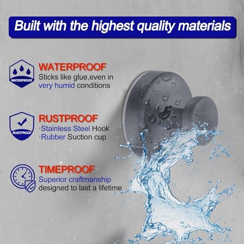Bntuk Suction Cup Hooks for Shower, Removable Towel Hooks for Bathroom Window Glass Door Wall, Bath Robe Looafh Hook for Hanging - 2 Pack, Grey