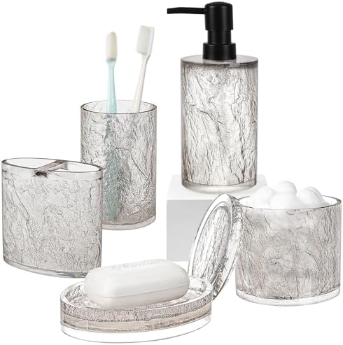 RQYIXI Resin 5-Piece Bath Accessories Set, Silver Crackle, Cotton Swab Jar