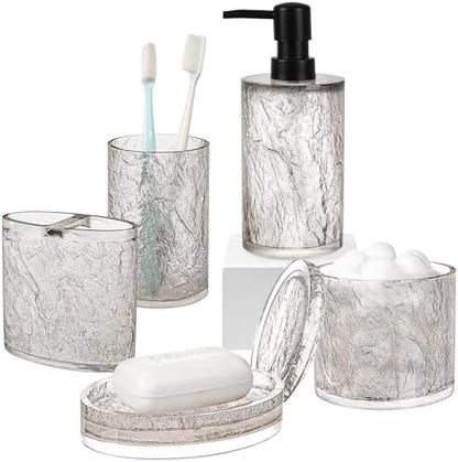 RQYIXI Resin 5-Piece Bath Accessories Set, Silver Crackle, Cotton Swab Jar