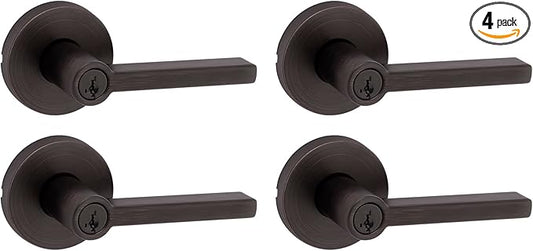 Kwikset Halifax Entry Door Handle with Lock and Key, Secure Keyed Reversible Lever Exterior, for Front Entrance and Bedrooms, Venetian Bronze, 4 Pack, Pick Resistant SmartKey Rekey Security