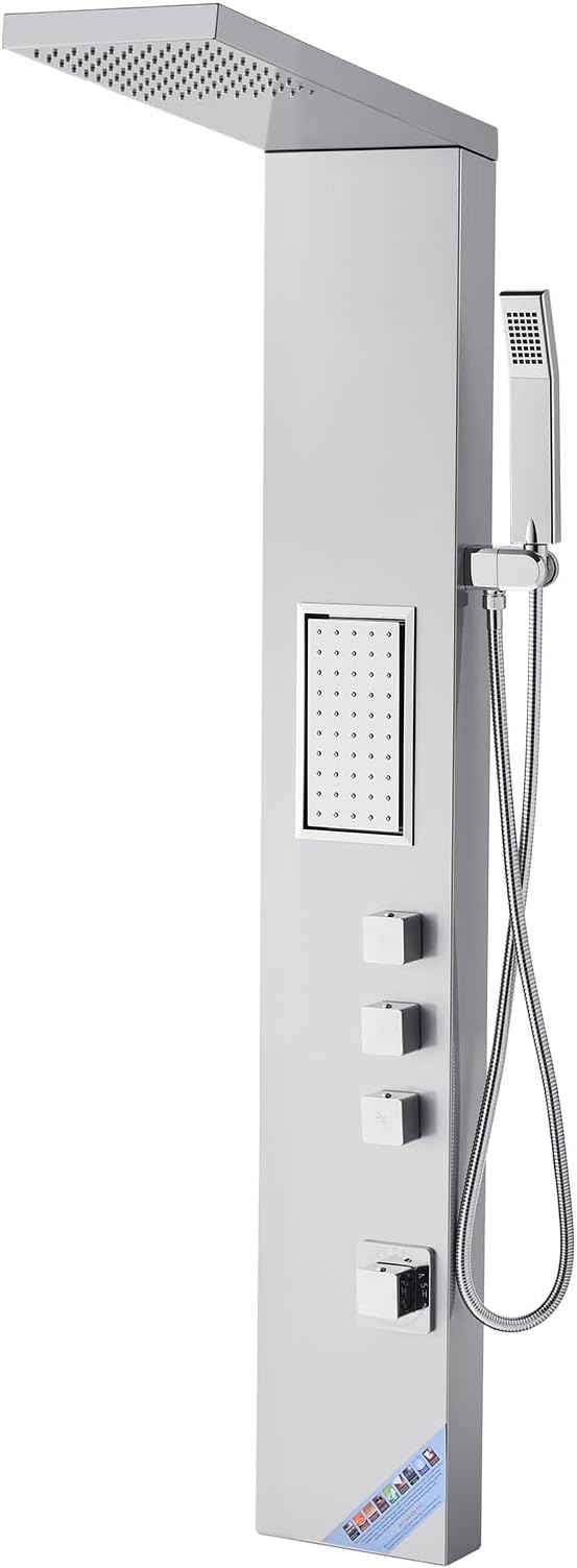 VEVOR Shower Panel Tower System with Rainfall Shower Head, 53 in Brushed Stainless Steel Shower Column, 3-Function Faucet, High Pressure Wall-Mount Rain Massage System, with Large Body Jet, Handheld