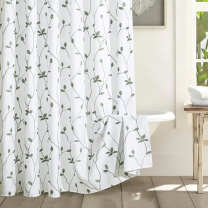 Embroidered Leaf Farmhouse Shower Curtain,Faux Linen,72x72,White Sage Green