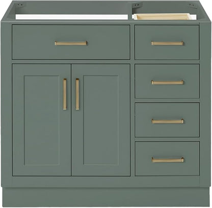 ARIEL Hepburn 36-inch Bathroom Vanity Base Cabinet,Solid Wood, 2 Soft Closing Doors, 5 Dovetail Drawers, Vintage Green