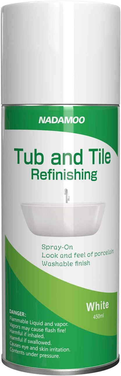 NADAMOO Tub and Tile Spray Paint White, 450ml, 1 Pack, Aerosol Bathtub Refinishing Kit for Porcelain Fiberglass Ceramic, DIY Resurfacing Bathroom Sink Countertop