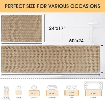Upgrade Waffle Bath Mat Set 2 Piece, Boho Bathroom Rugs Absorbent Non Slip, Soft Bathroom Mats, Machine Washable Knit Bath Rugs with Herringbones for Bathroom, Bedroom, Kitchen, Shower, Tub, Beige